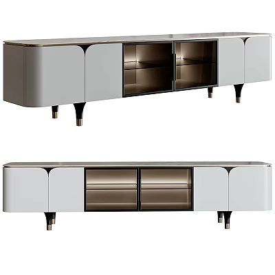 Contemporary TV Stand With Metal Legs Glass Shelves And Storage Cabinets 3d model