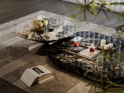 Elegant Marble Coffee Table With Floral Bouquet Books And Candle Tray In Modern Living Space 3d model