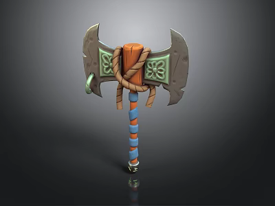 Ornate Axe With Wooden Handle Twisted Rope Green Patterns And Blue Orange Stripes 3d model