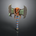 Ornate Axe With Wooden Handle Twisted Rope Green Patterns And Blue Orange Stripes