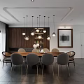 Modern Living Room Interior With Dining Table Chairs Pendant Lights And Piano