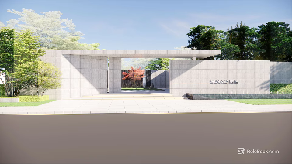 Modern Seaside Entrance Gate With White Walls Hong Character Green Plants And Blue Sky 3d model 