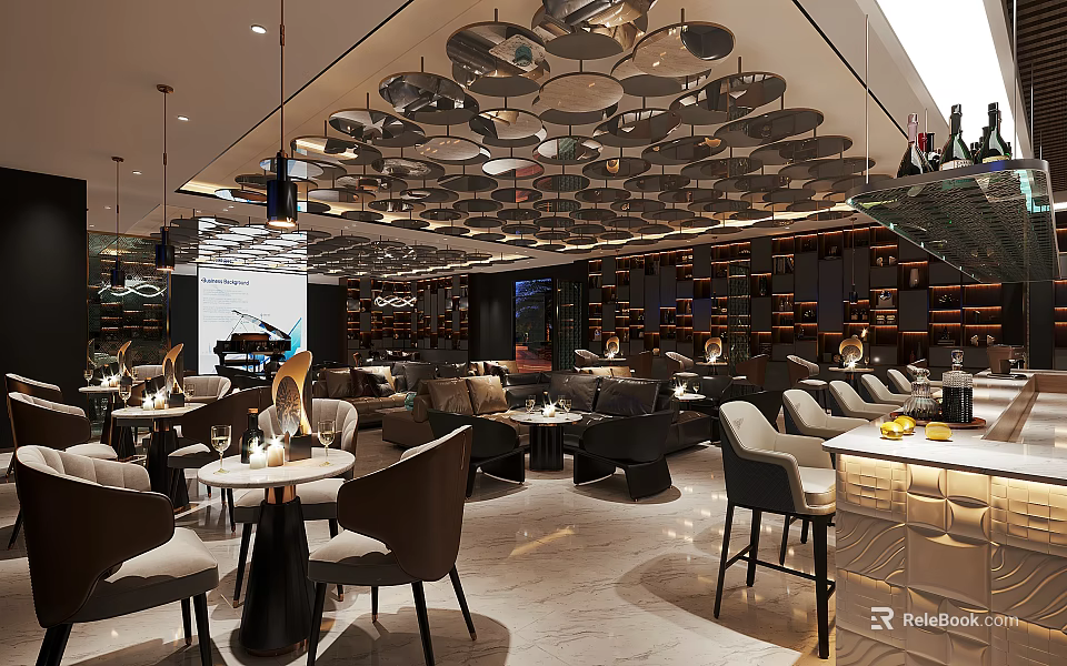 Stylish Modern Bar Interior With Circular Ceiling Decor And Comfortable Leather Seating 3d model 