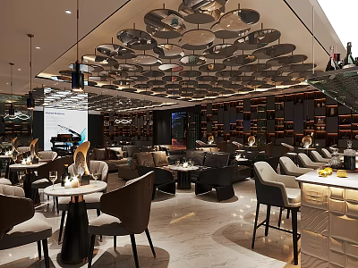 Stylish Modern Bar Interior With Circular Ceiling Decor And Comfortable Leather Seating 3d model