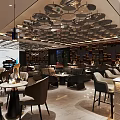 Stylish Modern Bar Interior With Circular Ceiling Decor And Comfortable Leather Seating 3d model