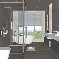 Modern Bathroom With Glass Shower Freestanding Bathtub Large Window Black Blinds Double Vanity Marble Walls