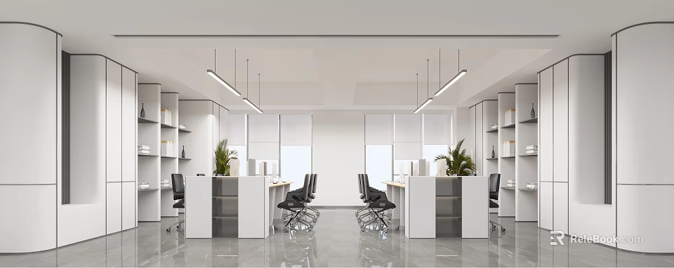 Modern Public Office Interior With Desks Office Chairs Green Plants And Pendant Lights 3d model 