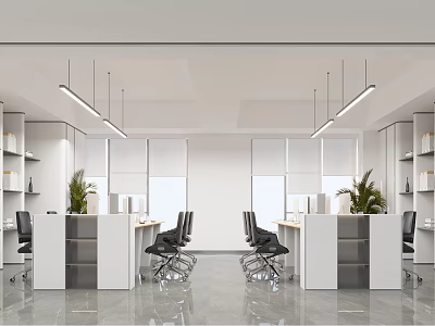 Modern Public Office Interior With Desks Office Chairs Green Plants And Pendant Lights 3d model