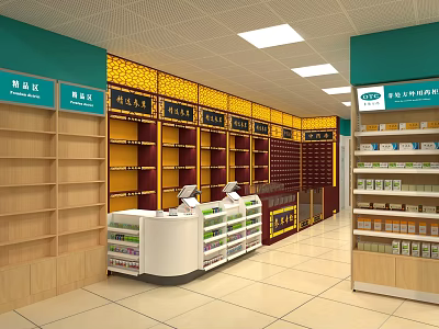 Pharmacy Store Interior With Shelves Medicines Cashier Counter And Yellow Cabinets 3d model
