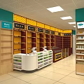 Pharmacy Store Interior With Shelves Medicines Cashier Counter And Yellow Cabinets