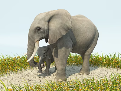 Adult And Baby Reptile In Natural Habitat With Grassy Area And Cracked Ground 3d model