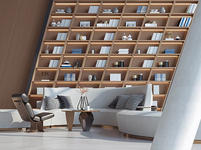 Modern Light Gray Curved Fabric Sofa Coffee Table Set With Decorative Cushions And Bookshelf Wall 3d model