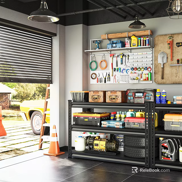 Organized Garage Space with Tool Storage Shelves Hanging Tools and Yellow Classic Car View 3d model 