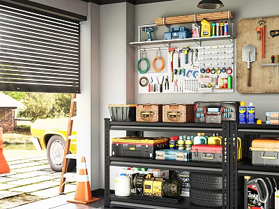 Organized Garage Space with Tool Storage Shelves Hanging Tools and Yellow Classic Car View 3d model