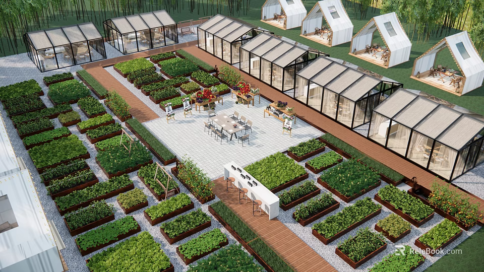 Beautiful Courtyard Garden With Organized Plant Beds Greenhouses And Outdoor Dining Spaces 3d model 