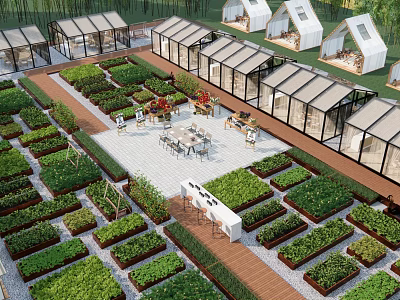 Beautiful Courtyard Garden With Organized Plant Beds Greenhouses And Outdoor Dining Spaces 3d model