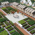 Beautiful Courtyard Garden With Organized Plant Beds Greenhouses And Outdoor Dining Spaces