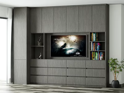 Modern Gray Wooden TV Background Cabinet With Bookshelves Drawers And Potted Plant 3d model