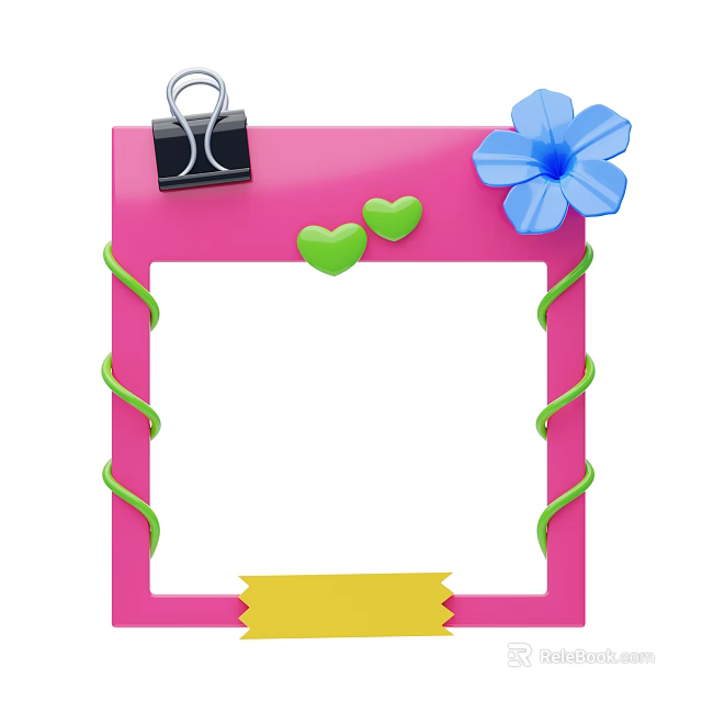 Decorative Ornament Set with Pink Frame Clip Blue Flower Green Hearts Vine and Yellow Tag 3d model 