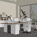 Modern Office Interior With Work Desks Office Chairs Computer Monitors Large Window And Plants 3d model