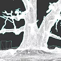 Plant Painting Featuring Ancient Tree Thick Trunk Branches Mossy Roots Green Silhouettes in Red Frame