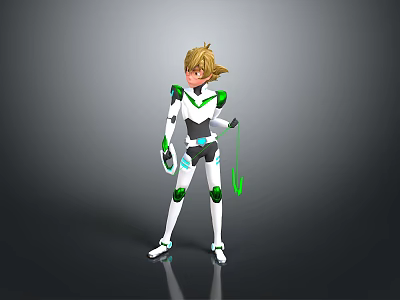 Blonde Character With White Green Futuristic Suit Holding Glowing Green Rope On Gray Background 3d model