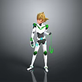Blonde Character With White Green Futuristic Suit Holding Glowing Green Rope On Gray Background