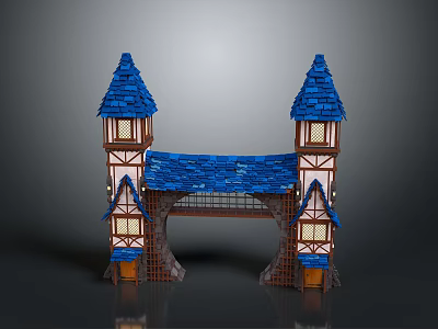 Two Tower Gateway Building With Blue Roofs White Brown Walls And Wooden Doors 3d model