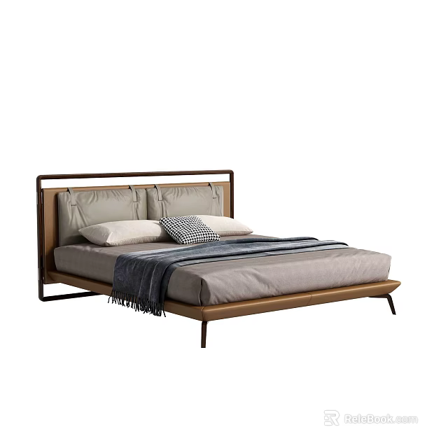 Modern Double Bed With Wooden Frame Gray Headboard And Soft Pillows 3d model