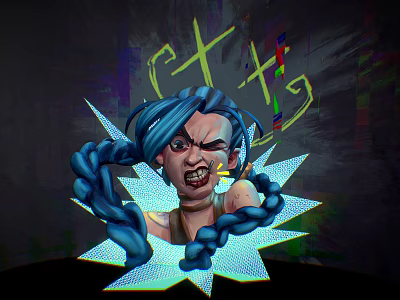 Angry Blue Haired Character With Braided Hair Yellow Symbols And Blue Starburst Glow 3d model