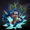 Angry Blue Haired Character With Braided Hair Yellow Symbols And Blue Starburst Glow