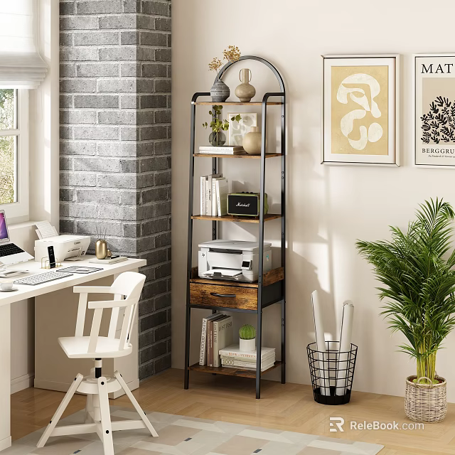 Modern Metal Frame Wooden Shelving Unit With Books Printer Plants And Decor In Home Office 3d model 