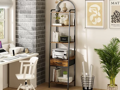 Modern Metal Frame Wooden Shelving Unit With Books Printer Plants And Decor In Home Office 3d model