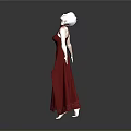 Woman With White Hair Wearing Red High Slit Long Dress On Black Floor Gray Background