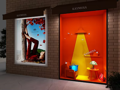 KAYMUSA Store Window Display with Orange Background Yellow Lighting Small Table Flowers Blue Item Red Shoes 3d model