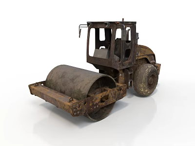 Old Rusty Road Roller Construction Vehicle With Worn Metal Body And Large Drum 3d model