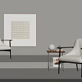 Modern White Chairs With Black Frames And Side Table In Minimalist Room With Grid Artwork 3d model