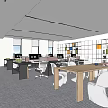 Modern Public Office Space with Open Layout Computers Large Windows and Colorful Shelves 3d model