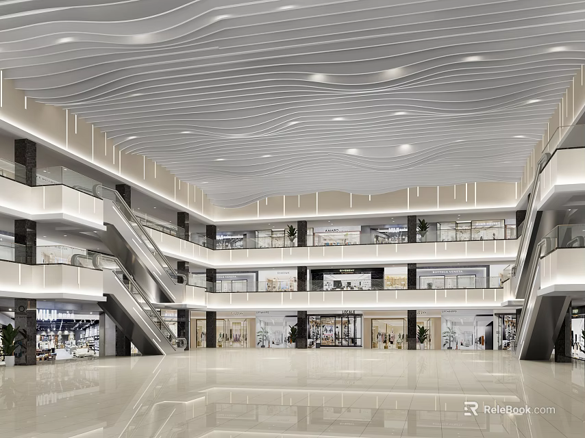 Spacious Modern Shopping Mall Interior With Wavy Ceiling And Multiple Floors 3d model 