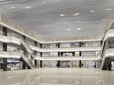 Spacious Modern Shopping Mall Interior With Wavy Ceiling And Multiple Floors 3d model