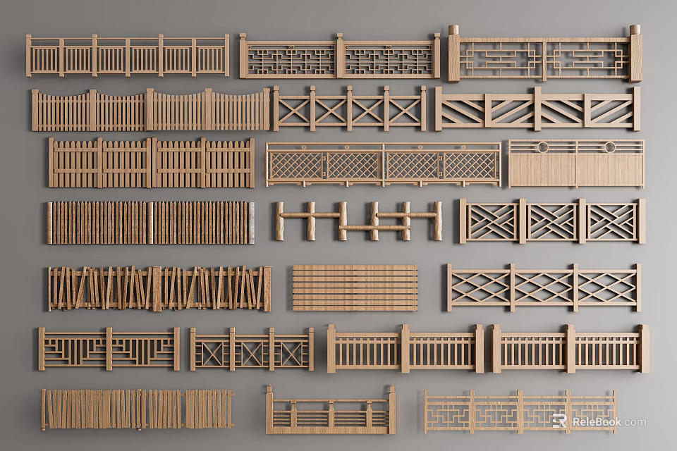 Various Wooden Fence Designs Featuring Intricate Patterns And Decorative Styles 3d model 