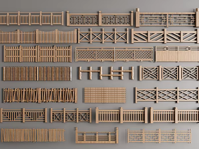 Various Wooden Fence Designs Featuring Intricate Patterns And Decorative Styles 3d model