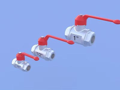 Pipeline Valves In Three Different Sizes With Red Handles And White Bodies On Blue Background 3d model