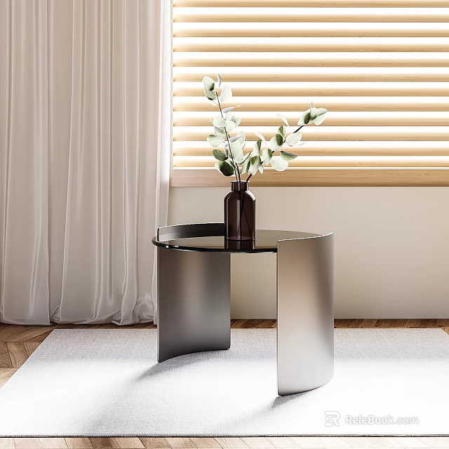 Modern Side Table with Metal Frame Glass Top and Vase of Green Plants in Living Room 3d model 