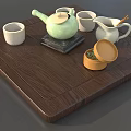 Traditional Tea Set with Green Teapot White Cups Tea Pitcher and Wooden Tray