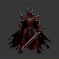 Mythical Spiked Sword With Ornate Details Held By Red Armored Horned Warrior