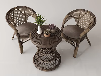 Wicker Furniture Set With Two Chairs Round Table And Potted Plants 3d model
