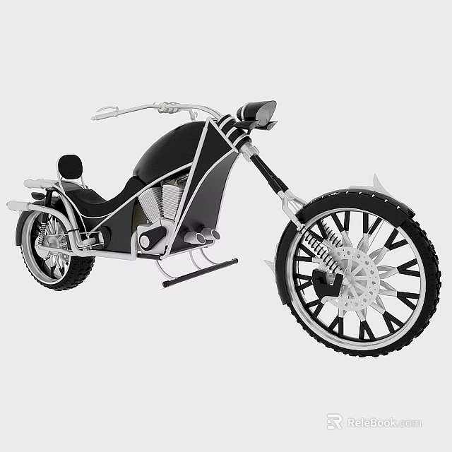Black Custom Motorcycle With Silver Frame Large Spoked Wheels And Chrome Details 3d model 