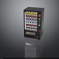Black Vending Machine With Colorful Beverage Cans On Multiple Shelves And Product