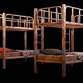 Old Rusted Bunk Beds With Mattresses And Blankets In Dim Room